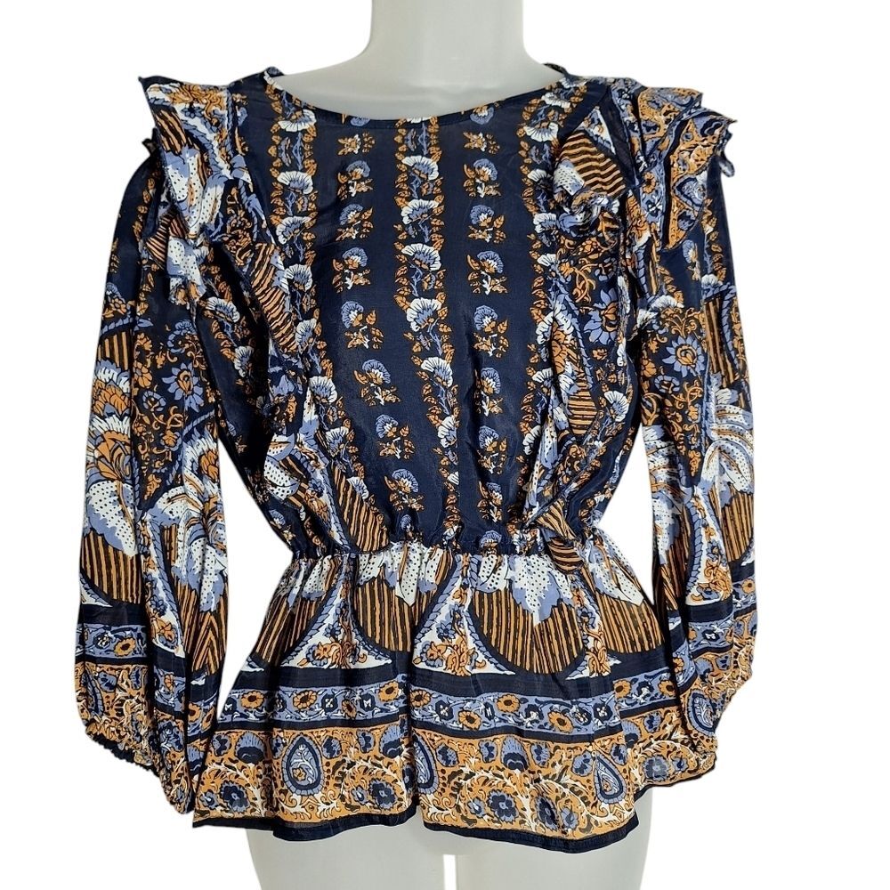 Lucky Brand Ruffle Paisley Blouse Floral Indie Bohemian Peasant Small P Womens